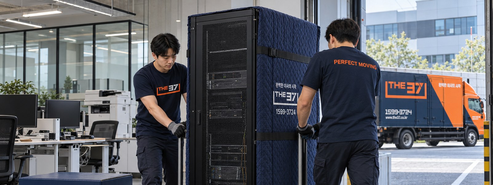 기업 사옥 이전 현장에서 자산을 운반하는 THE37 작업팀