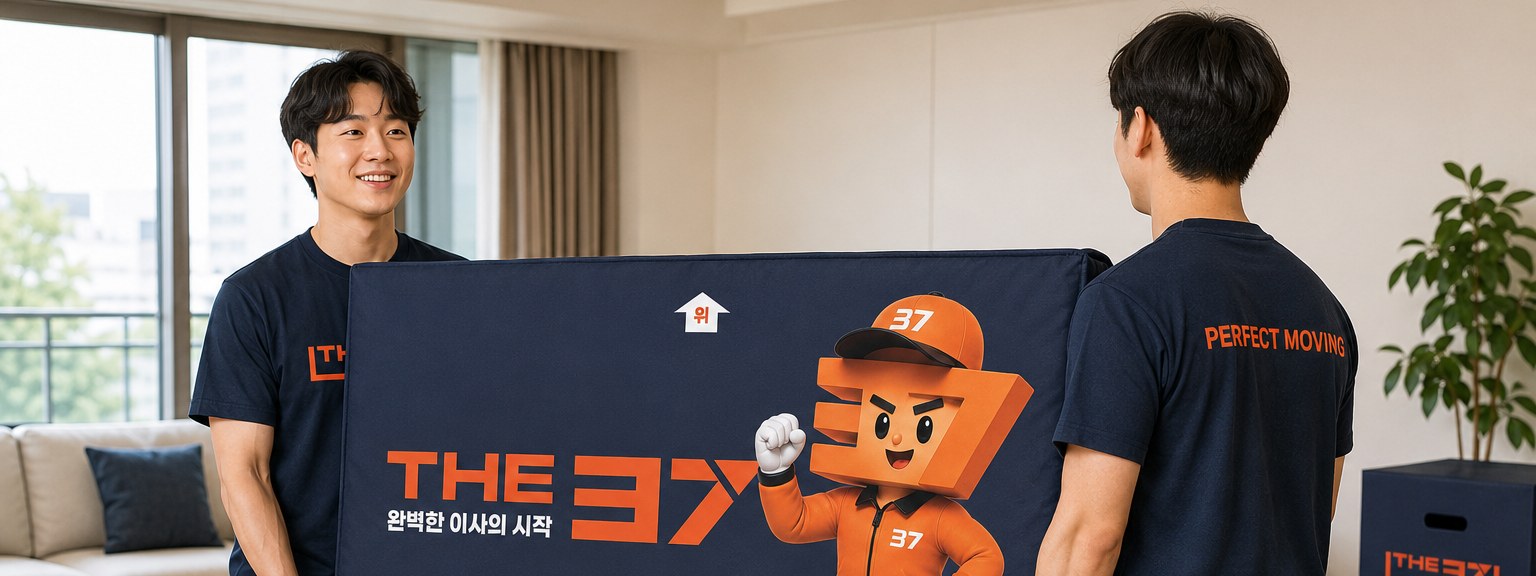 거실에서 가구를 보호 커버로 감싸는 THE37 작업팀